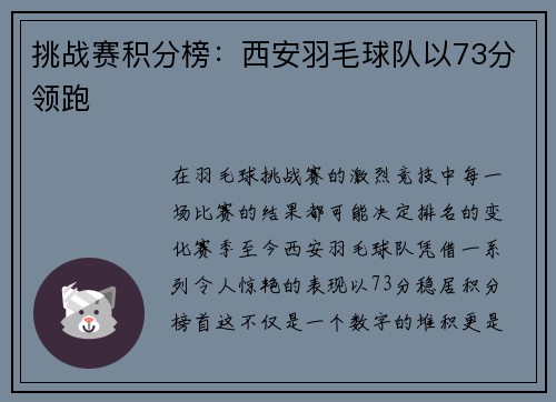 挑战赛积分榜：西安羽毛球队以73分领跑