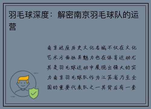 羽毛球深度：解密南京羽毛球队的运营