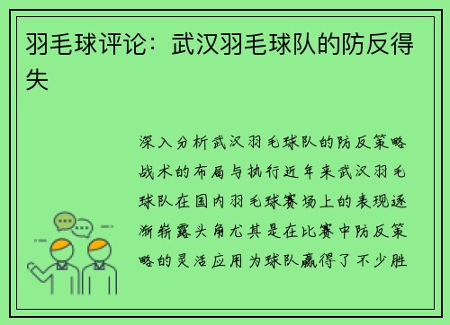 羽毛球评论：武汉羽毛球队的防反得失