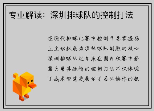 专业解读：深圳排球队的控制打法