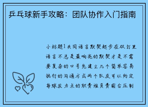 乒乓球新手攻略：团队协作入门指南